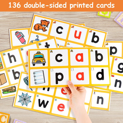 ABCxGOOD CVC Word Building Pocket Charts with 64 Phonics Flash Cards Kindergarten Classroom Must Haves, CVC Literacy Games for Beginners in Reading and Spelling.