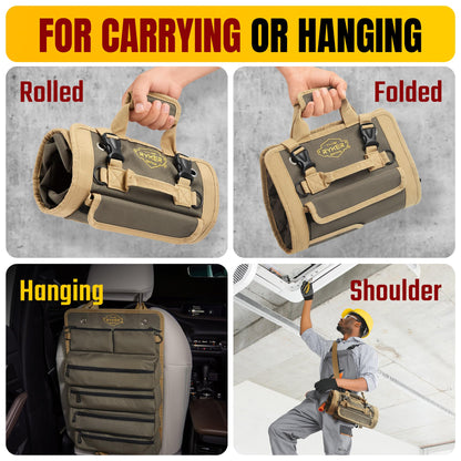 The Ryker Bag Tool Roll Organizer with Detachable Pockets – Heavy Duty Roll-Up ToolBag for Mechanics, Electricians, Plumbers, Contractors, Garage & Job Site Use Gift for Dads (AP-TR)