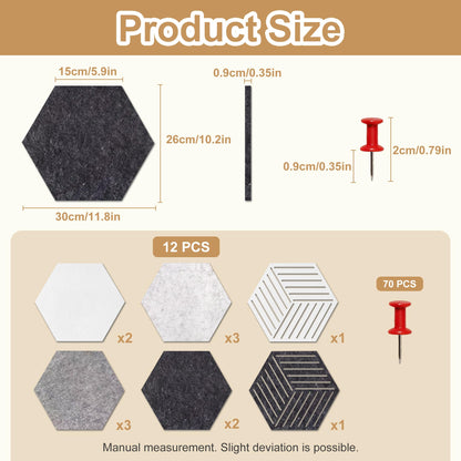 12 Pack Hexagon Cork Board, Modern Grayscale & Hexagon Felt Bulletin Board with 70 Pins, 11.8x10.2 Felt Board,for Home Office Decor Wall Art & Vision Board with Cut-Out Designs