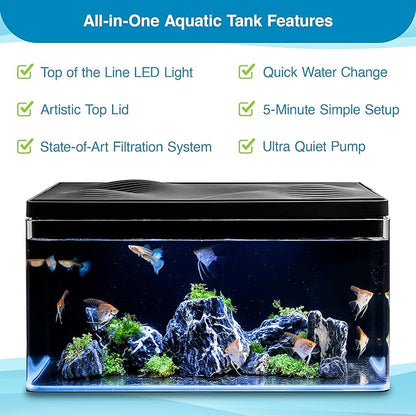 Harmony Deluxe 8 Gallon All-in-One Aquarium Kit, Award-Winning Fish Tank with Lid, Integrated Filtration, LED Light, Low-Iron Glass, Black Tank with Black Top