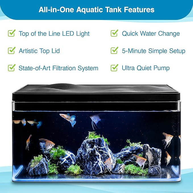 Harmony Deluxe 8 Gallon All-in-One Aquarium Kit, Award-Winning Fish Tank with Lid, Integrated Filtration, LED Light, Low-Iron Glass, Black Tank with Cherry Grain Top