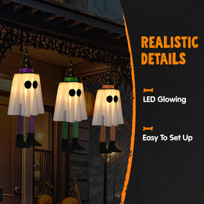 JOYIN 23.6'' 3PCS Halloween Hanging Ghosts Decorations Outdoor, Warm Light Up Ghosts Tree Decors with Witch Hats & Timer, Halloween Decorations for Yard Patio Garden Outside Haunted House Party