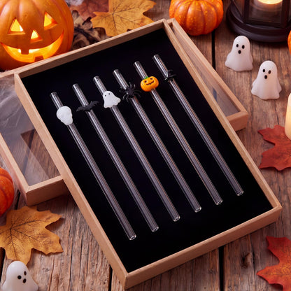 Meanplan 6 Pcs Halloween Glass Straws with Design Pumpkin Spider Ghost Bat Witch Hat Skull Reusable Shatter Resistant Clear Bent Straws with 2 Cleaning Brush for Drinks Cocktail Beverages