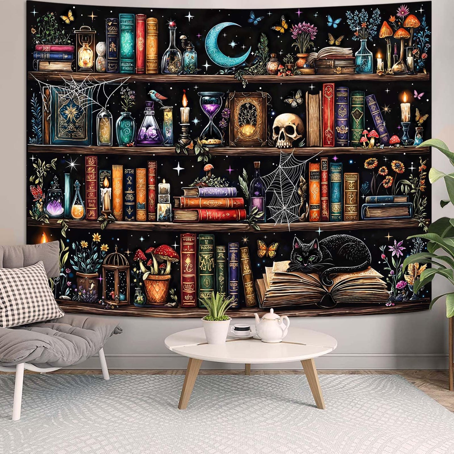 Motanber Witchy Bookshelf Tapestry Magic Gothic Witch Library Tapestries Wall Hanging Vintage Mushroom Skull Black Cat Dark Academia Book Large Tapestry for Bedroom Living Room Dorm 80 x 60 inch