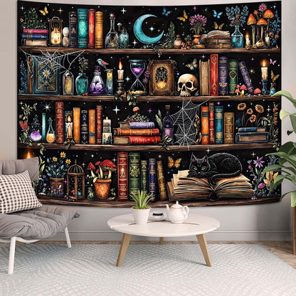 Motanber Witchy Bookshelf Tapestry Magic Gothic Witch Library Tapestries Wall Hanging Vintage Mushroom Skull Black Cat Dark Academia Book Large Tapestry for Bedroom Living Room Dorm 80 x 60 inch