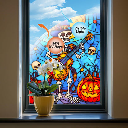 HOMETITUTE Halloween Skeleton Musician Window Film 31x47 Inch Decorative Window Film Pumpkin Guitar Skull Scene Stained Glass Cling for Mirror Door Privacy Decor for Home Party School Office