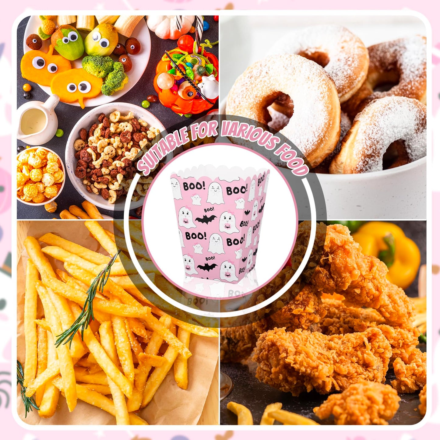 Whaline 100 Pcs Halloween Mini Popcorn Boxes Pink Ghost Bat Popcorn Bucket Boo Candy Favor Boxes for Trick or Treat Movie Night Party Supplies, 3 x 2.2 x 4.2 Inch