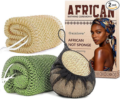 2 Pack African Net Sponge Exfoliating Body Scrubber Bath Sponge for Daily Use (Champange+Olive Green)