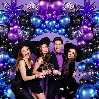 Black Purple Blue Balloon Garland Arch Kit, 140Pcs Metallic Blue Purple Teal Balloons Confetti Balloons with Stars for Fun Play Party Decorations Baby Shower Engagement Birthday Party Decorations
