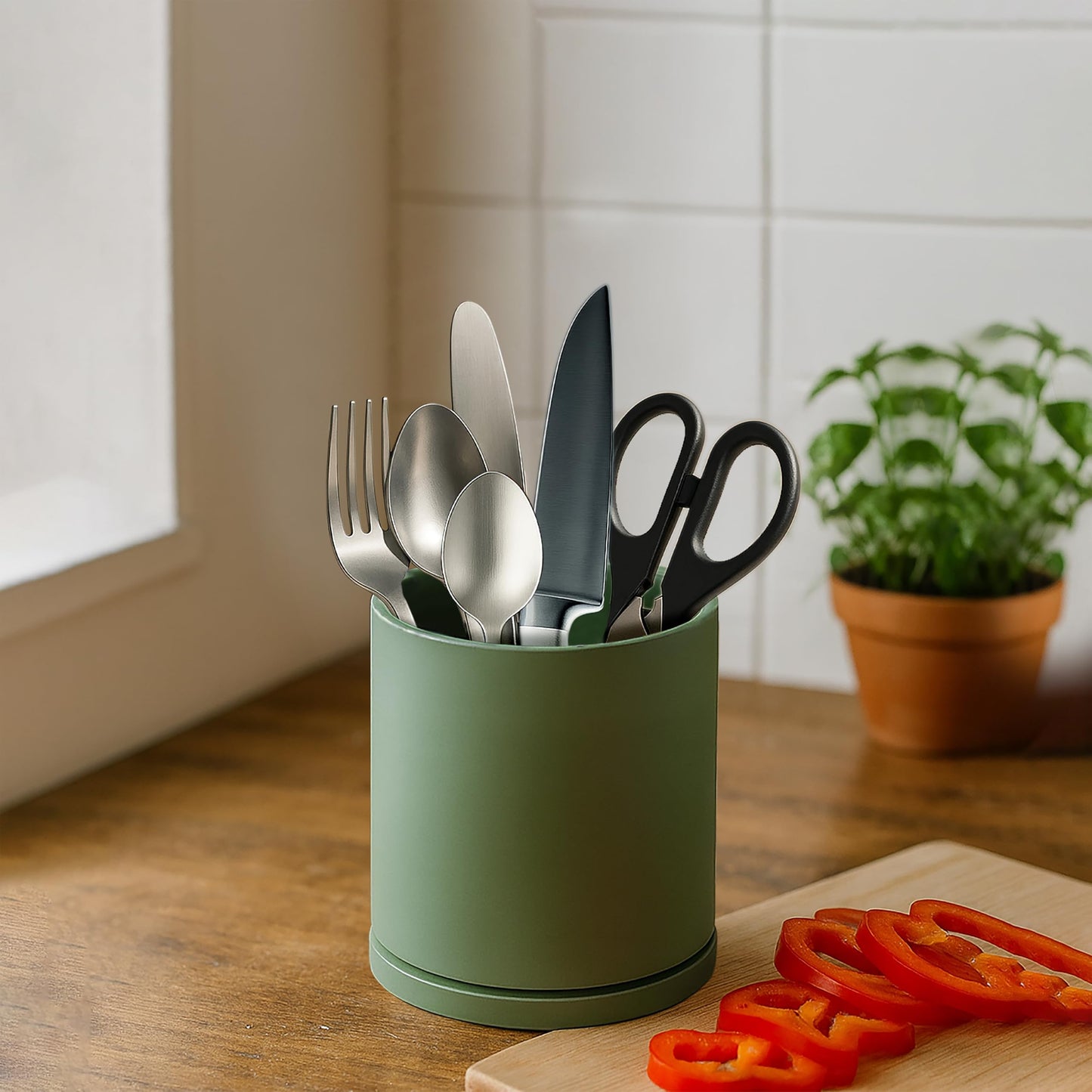 D'vine Dev 360° Rotating Utensil Holder – 5" Kitchen Utensil Crock for Countertop, Modern Cooking Tool Organizer for Kitchen Storage & Décor, Olive, 72-X-C-1