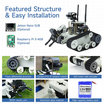 Yahboom Tank Chassis Roboict Kit AI Camera DIY Programmable Project ROS Starter for Jetson Nano Recognition|Tracking|OpenCV|MediaPipe Teens Adults (Transbot-SE with Nano)