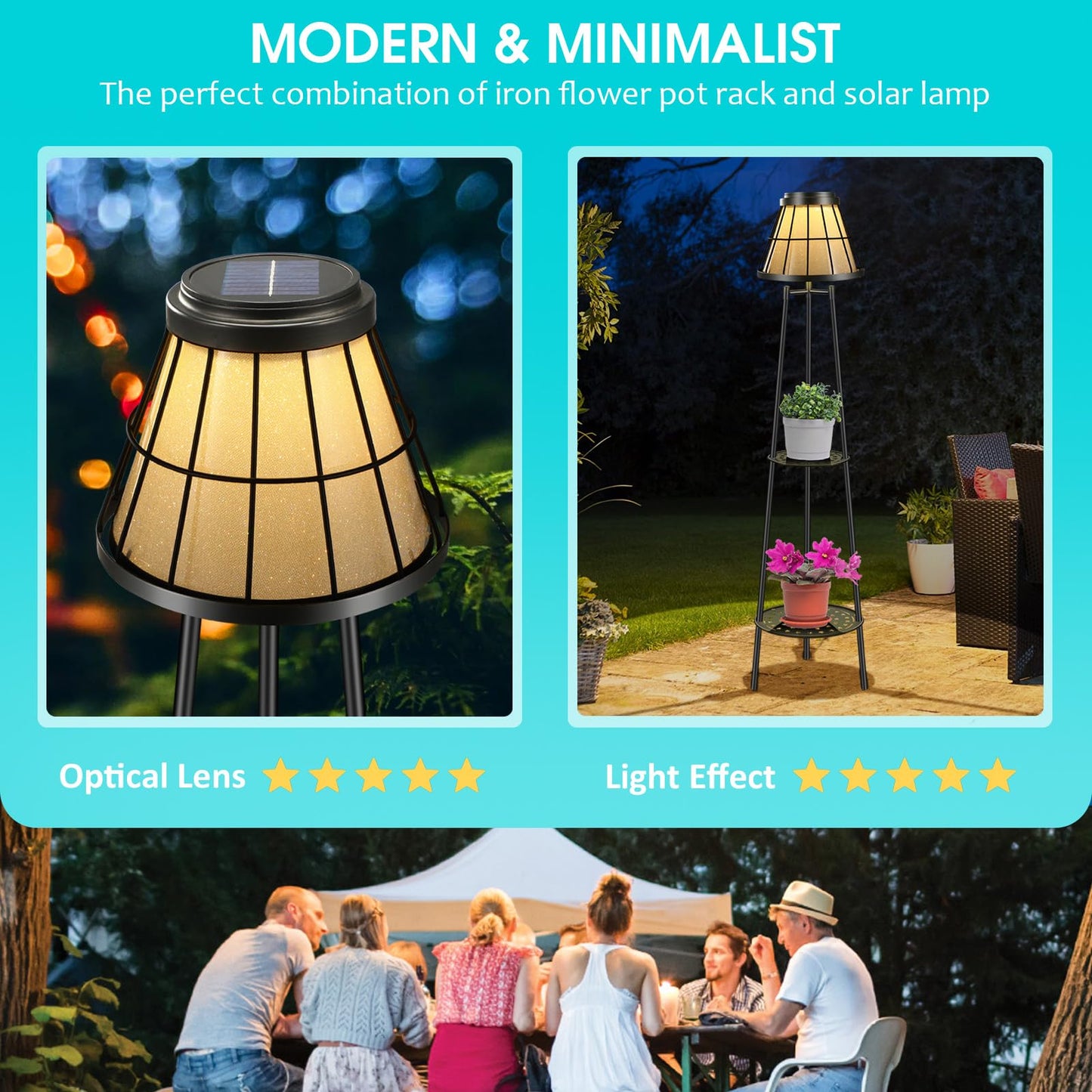 MXwcy 2-Tier Solar Plant Stand with Light, Modern Outdoor Floor Lamp with Classic Grid Lantern, Waterproof Tall Metal Planter Display Rack for Patio, Porch, Balcony, Garden Decor (2 Pack)