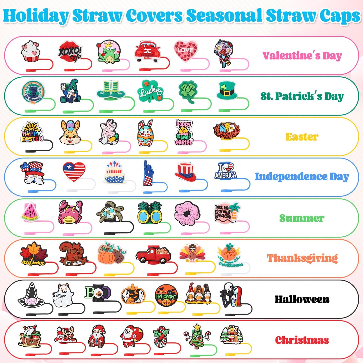 Ovveroche 50 Pcs Holiday Straw Toppers Compatible with Stanley Cup Silicone Cute Straw Cover Cap for Christmas Halloween Easter Independence Day St Patrick's Day 10mm
