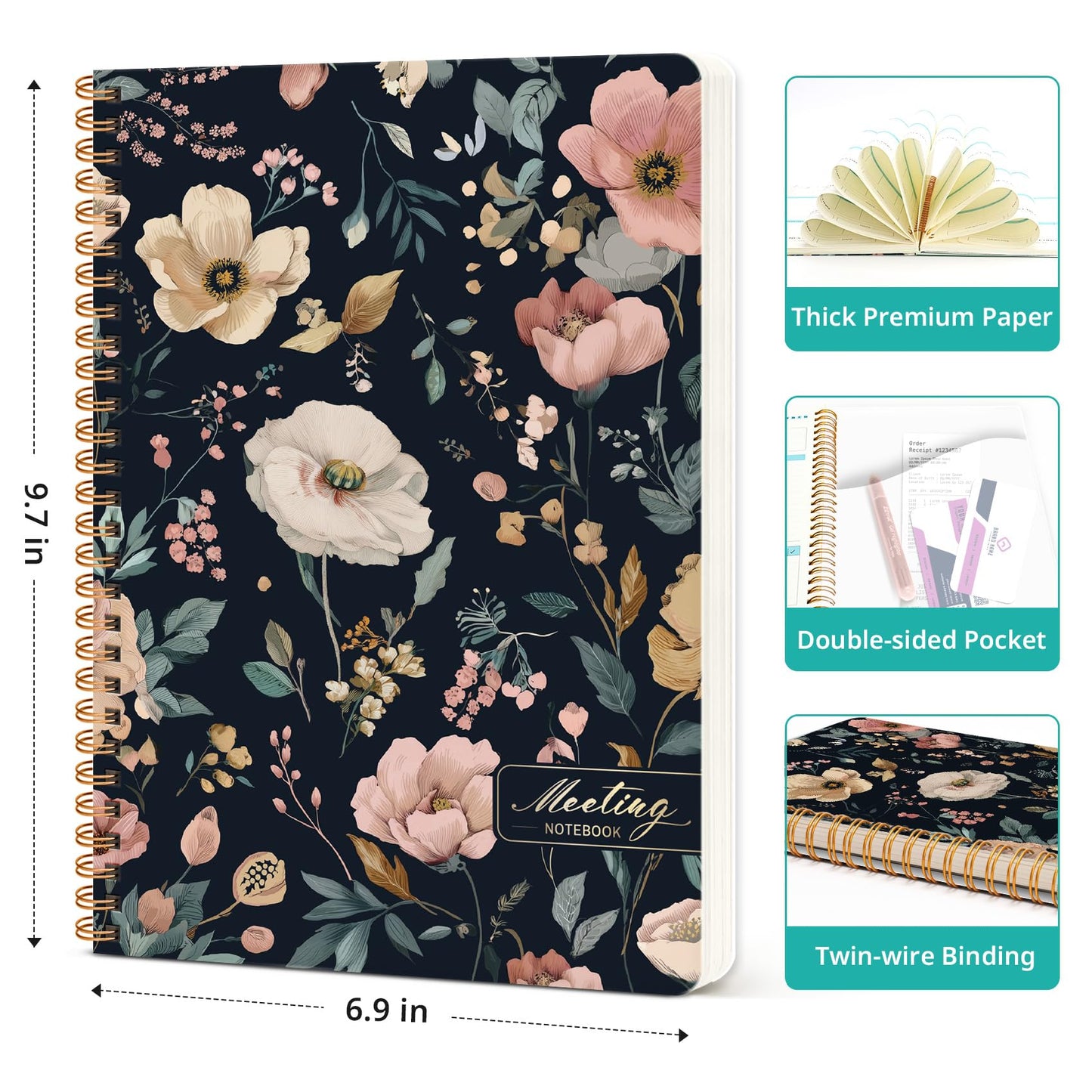 Meeting Notebook for Work Organization - Work notebook with action items, Meeting Minutes Planner Notebook, Perfect Office Supplies for Men & Women - Evening Petals