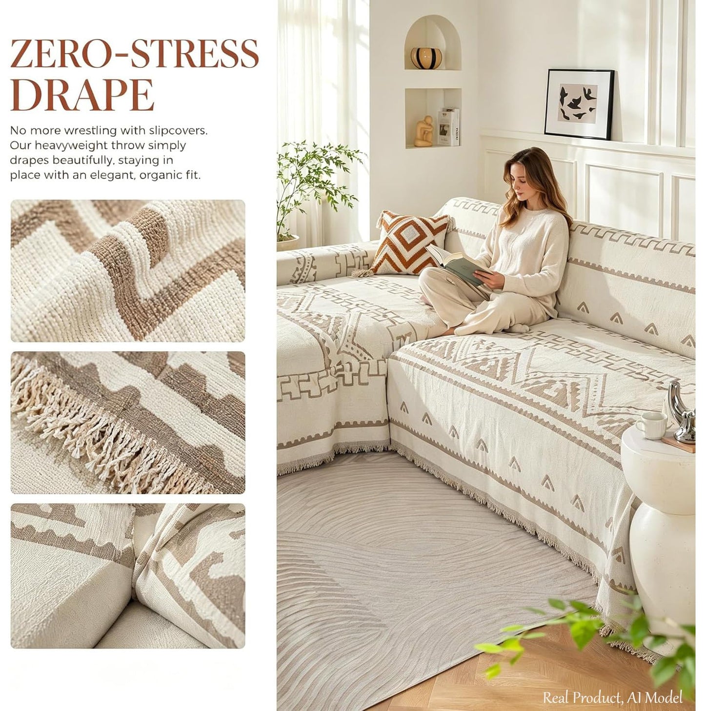 UWWGKK Boho Couch Cover for Dogs, Reversible Chenille Sofa Blanket with Tassels, Heavy Duty Geometric Slipcover for Loveseat, Recliner & L-Shaped Sectional, Beige/Brown, 71"x165"