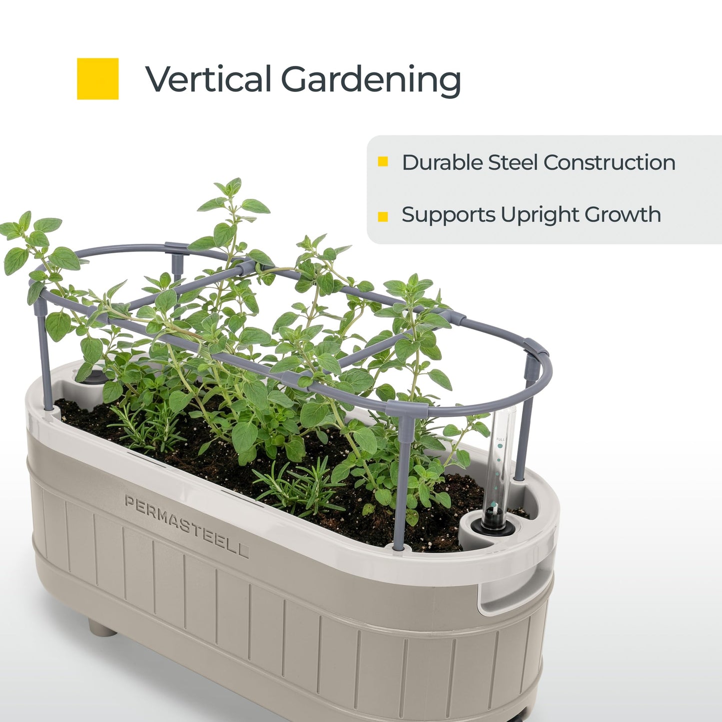 Permasteel Herb Garden Planter with Trellis Support, Self-Watering System with Water Level Indicator, Fits Multiple Herb Plants, for Basil, Flowers, Succulents, Indoor & Outdoor, Taupe