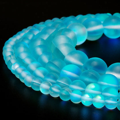 RUBYCA 10mm Round Moonstone Matte Crystal Glass Beads Aura for Jewelry Making Blue, 1 Strand
