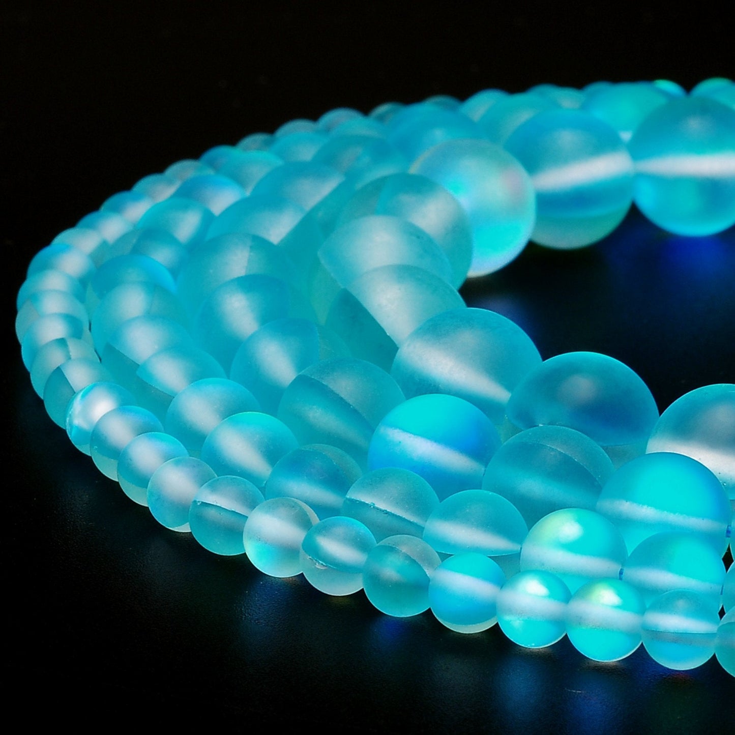 RUBYCA 6mm Round Moonstone Matte Crystal Glass Beads Aura for Jewelry Making Blue, 1 Strand
