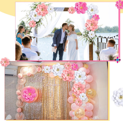 Mooliwe Paper Flowers Decorations for Wall DIY 3D Paper Bulletin Board Mexican Flowers Backdrop Decoration for Classroom Back to School Holiday Party(Pink White,10 Set)