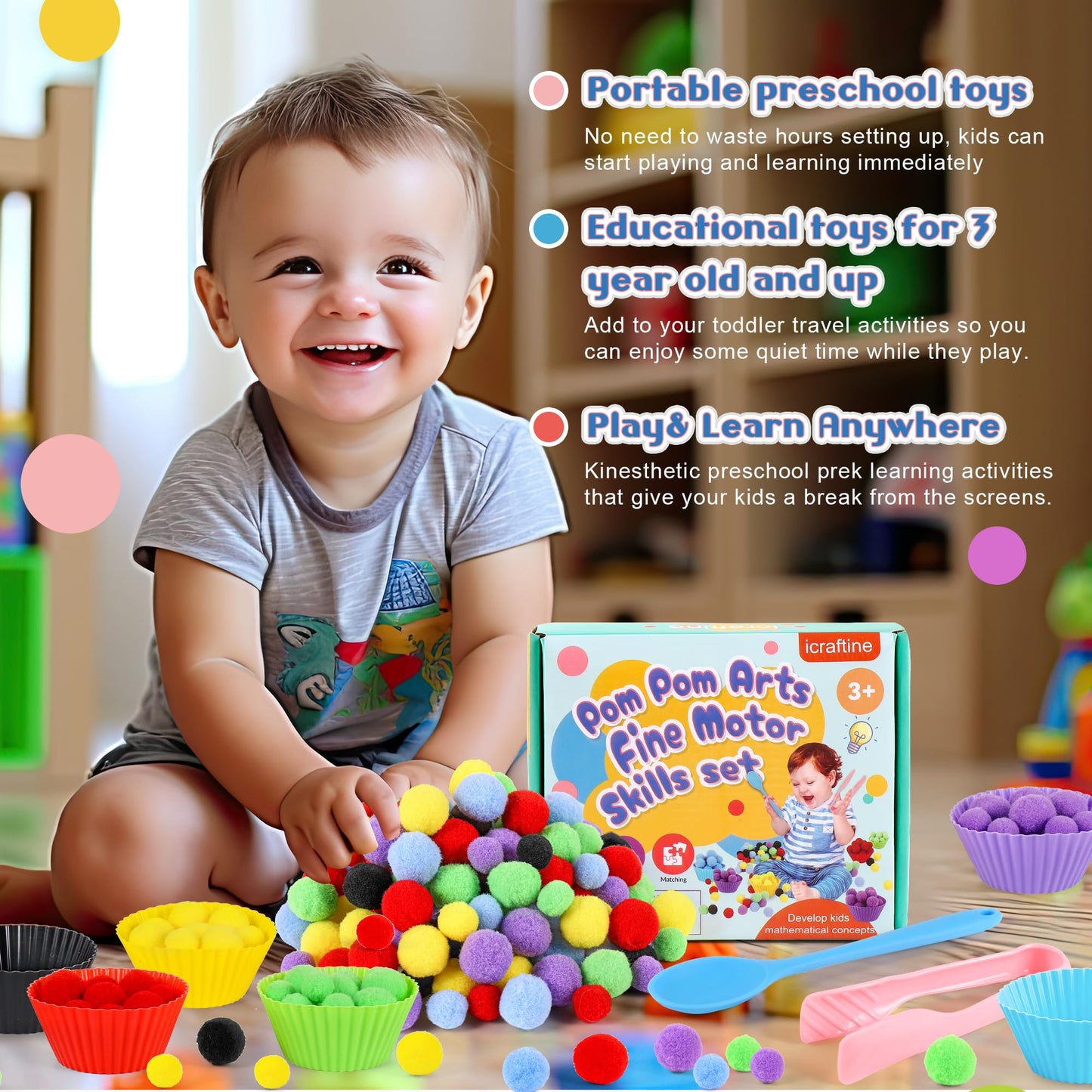 iCraftine 158 PCS Fine Motor Skills Set - 150 Pom Poms, 6 Sorting Bowls, Tweezers, Spoon, Sensory Bin Filler for Preschool Kids Counting, Sorting, Matching Training Activity