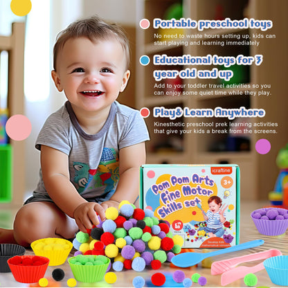 iCraftine 158 PCS Fine Motor Skills Set - 150 Pom Poms, 6 Sorting Bowls, Tweezers, Spoon, Sensory Bin Filler for Preschool Kids Counting, Sorting, Matching Training Activity