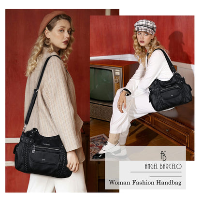 Angel Barcelo Large Purses for Women Soft PU Leather Hobo Bag for Women Shoulder Bag Black