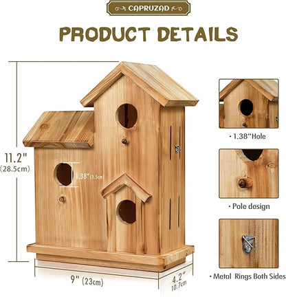 3-Chamber Wooden Bird House with Rope, Outdoor Bird Nesting Box with 3 Entry Holes, Multi-Level Shelter for Small Birds (Wood, 3 Chamber)