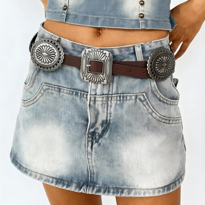 Alavuss Womens Western Concho Belts Cowgirl Cowboy Faux Leather Belt Rodeo Country Concert Nashville Outfits Brown 39"