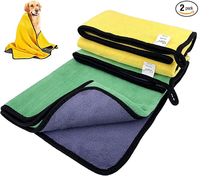 Dog Towel - 2 Pack Large Dog Bath Towel Super Absorbent Microfiber Beach Towels for Quick Drying Small Medium Large Dogs and Cats, Machine Washable,55.1x27.5 inch,Yellow Green