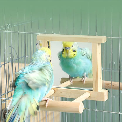 Natural Wood Bird Stand with Mirror, Perch and Swing Toy for Parakeets, Hummingbird, Lovebirds and Cockatoos (2 Pack)