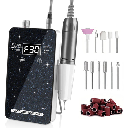Professional Electric Nail Drill File:COSYGLOW Glitter Portable Cordless E-File Nail Drill Kit with 11 Drill Bits,30000 RPM Rechargeable Nail Drills Machine for Acrylic Nails Gel Polishing (Pink)