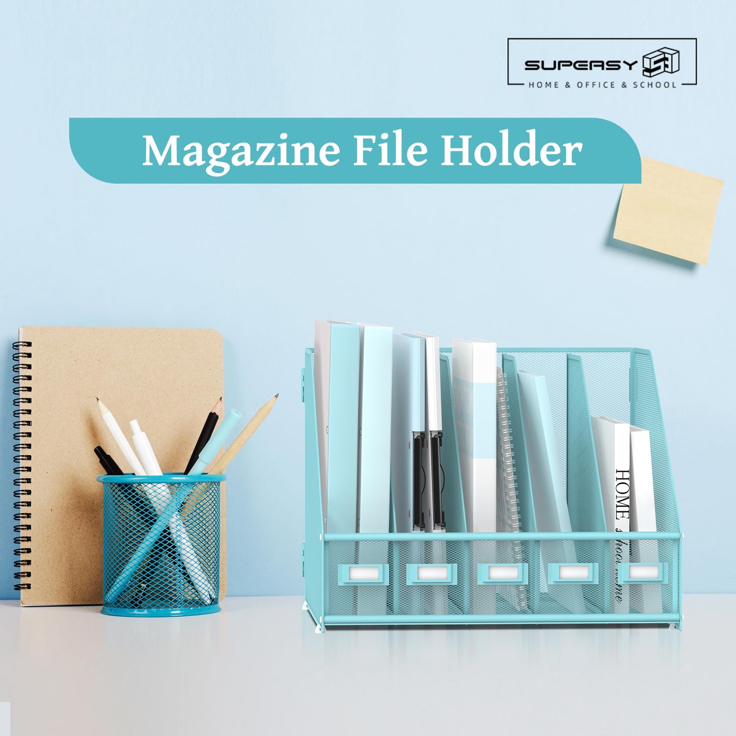 SUPEASY Desk Organizers Metal Desk Magazine File Holder with 5 Vertical Compartments Rack File Organizer for Office Desktop, Classroom, Home Workspace, Blue