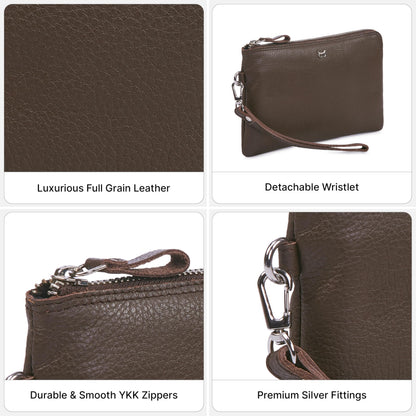 Wise Owl Accessories Genuine Leather Wristlet Wallet for Women Clutch Handbag Purses for Cell Phone Keys Coins Credit Card Slots (Brown Nappa)