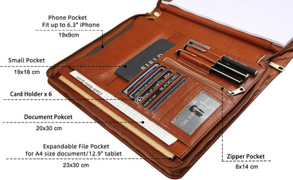 Handmade Genuine Leather Portfolio Organizer for IPad/Document, Business Padfolio with A4 Leather Notepad Holder, Leather Compact Folder Conference Portfolio for Men and Women, Oil-Brown