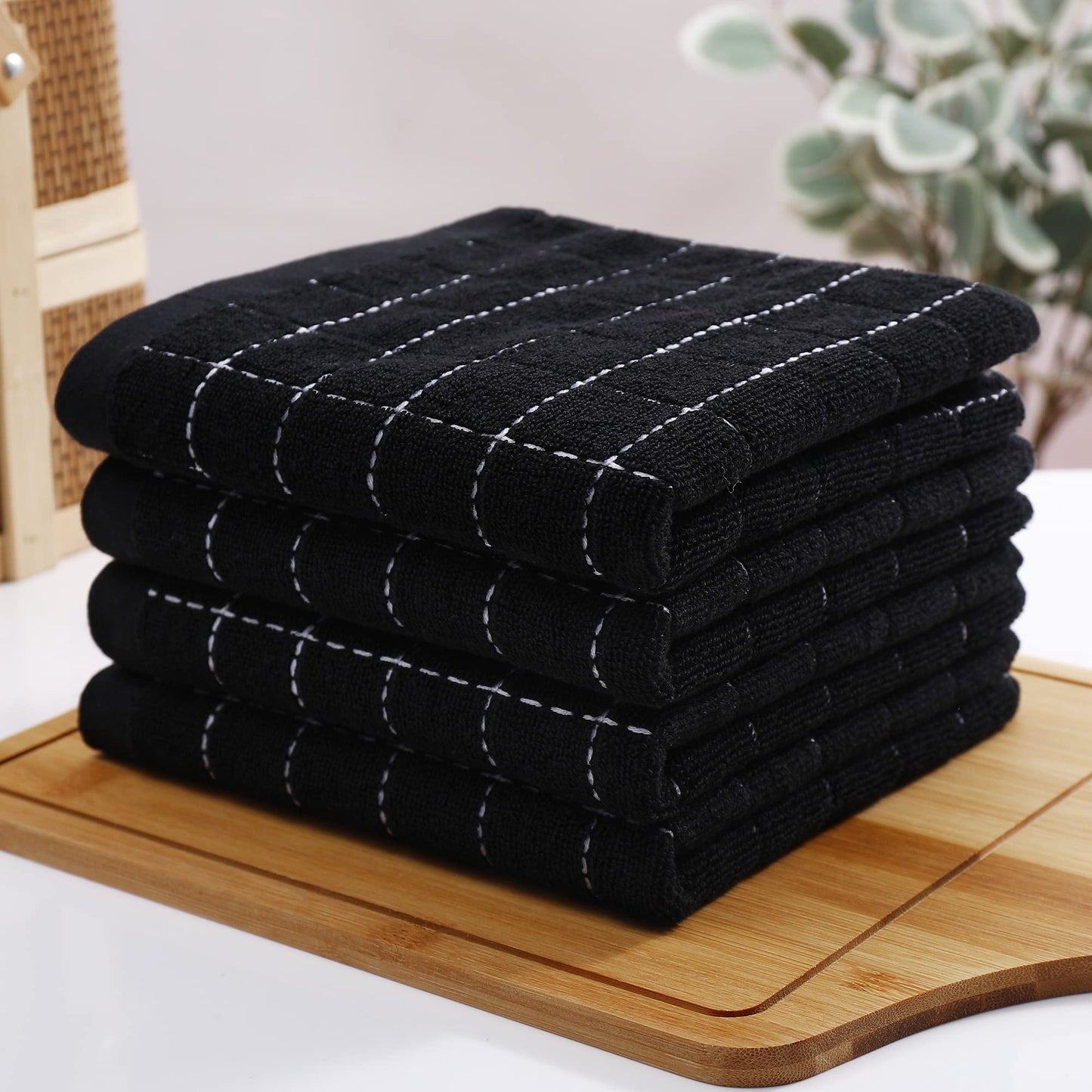 Homaxy 100% Cotton Terry Kitchen Towels(Black, 13 x 28 inches), Checkered Designed, Soft and Super Absorbent Dish Towels, 5 Pack