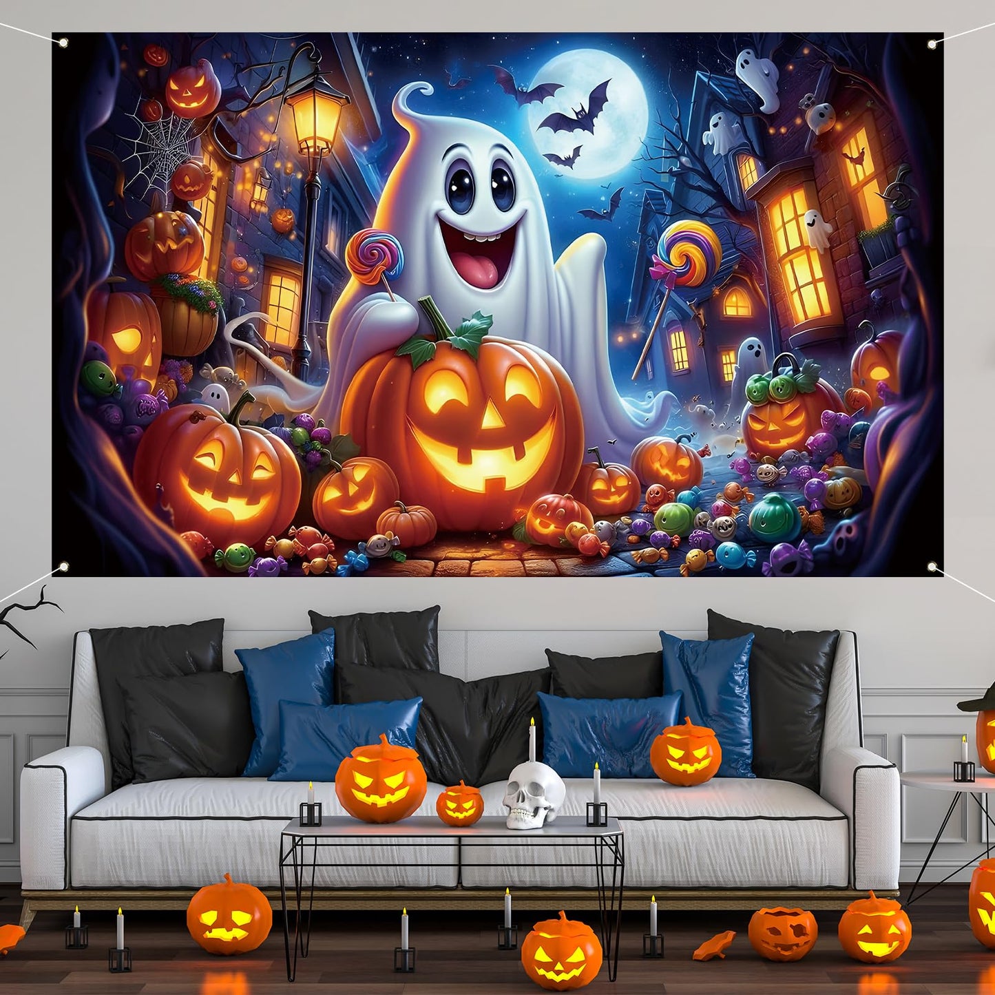 Ghost Pumpkin Halloween Photo Backdrop,Night Moon Banner Party Decorations and Supplies for Home-71×43''
