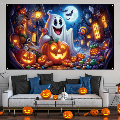Ghost Pumpkin Halloween Photo Backdrop,Night Moon Banner Party Decorations and Supplies for Home-71×43''