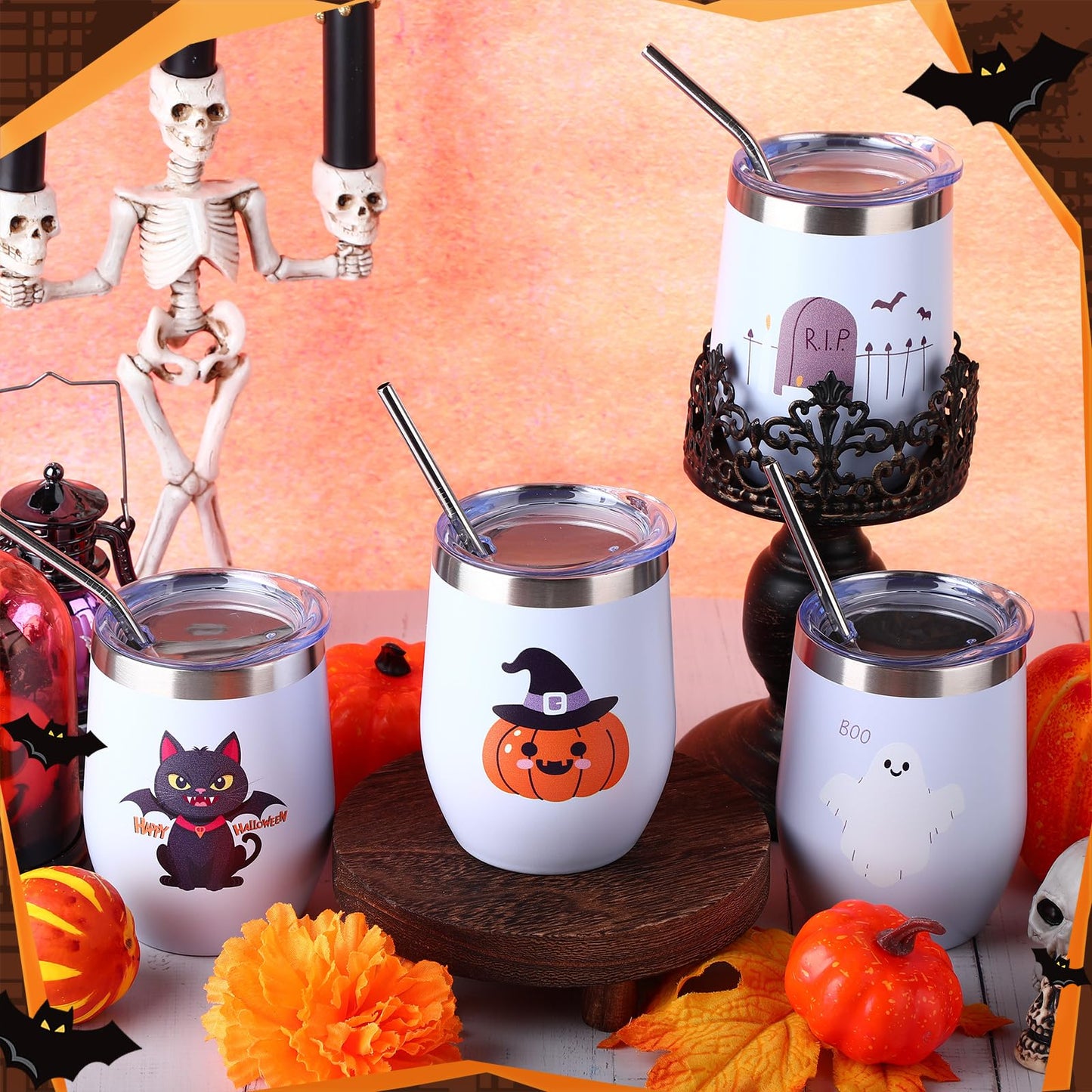 Singhoow 4 Set Halloween Themed Insulated Wine Tumbler 12 oz Stainless Steel Eggshell Cup Pumpkin Ghost RIP Tombstone Cat Bat Gifts for Anniversary Birthday Gifts for Mom Women Colleagues