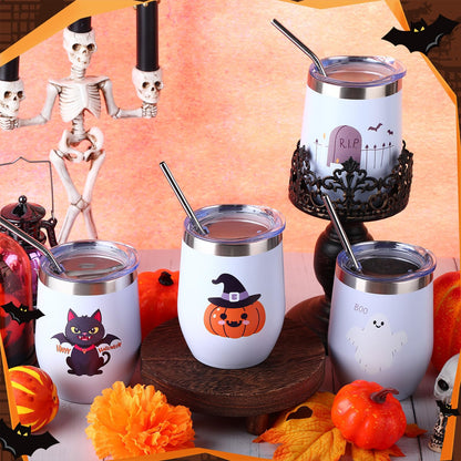 Singhoow 4 Set Halloween Themed Insulated Wine Tumbler 12 oz Stainless Steel Eggshell Cup Pumpkin Ghost RIP Tombstone Cat Bat Gifts for Anniversary Birthday Gifts for Mom Women Colleagues
