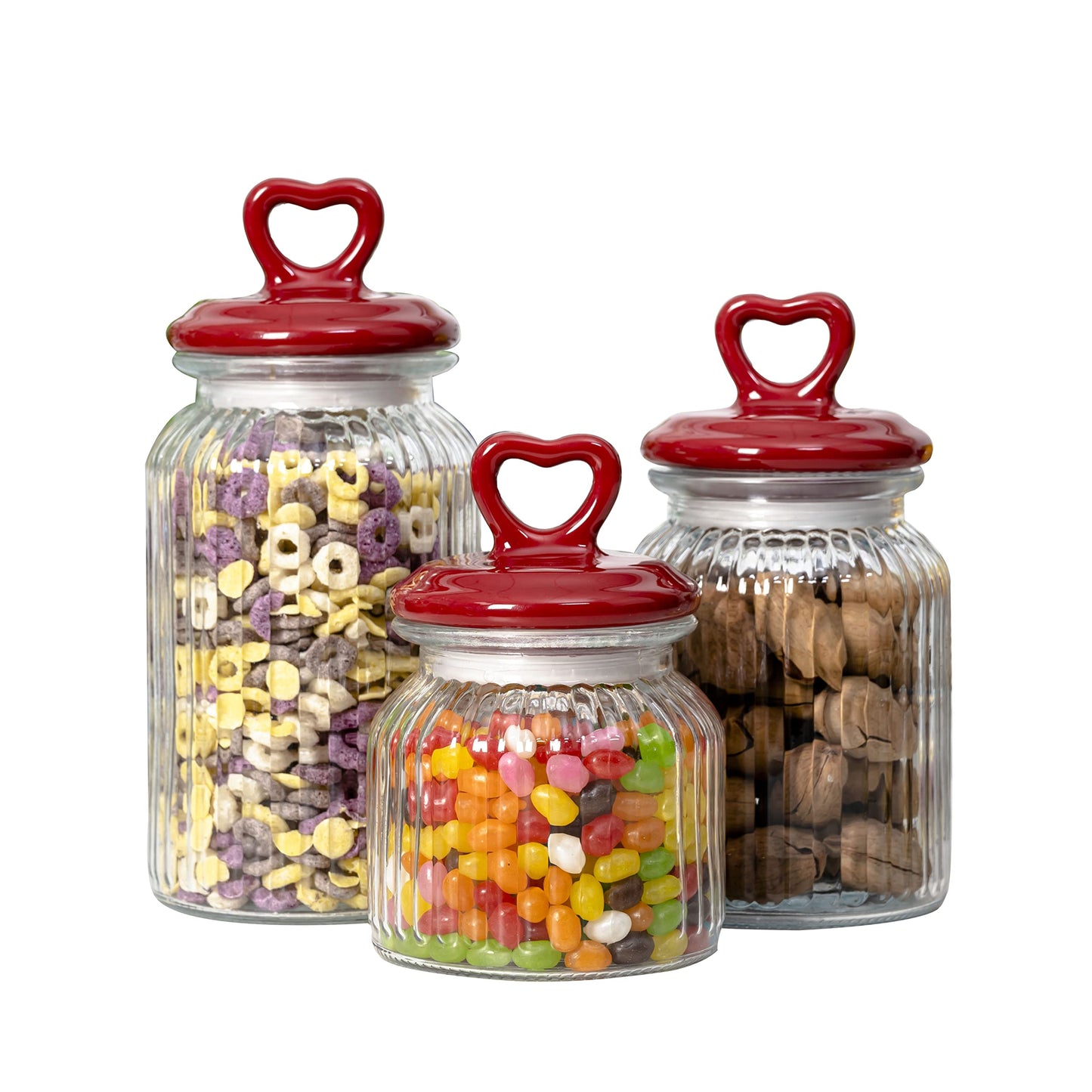 Hyperspace Set of 3 Decorative Glass Kitchen Canister Set, Cookie Jar, Food Storage Containers, Bathroom Jars, with Airtight Ceramic Lid for Kitchen and Bathroom, Red Heart Handle