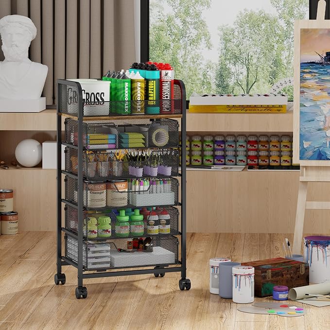 Yociyoga 6-Tier Craft Cart with Wheels-Rolling Storage Cart with Drawers,Rolling Utility Cart with DIY Divider,Art Supply Organizer Cart,Rolling Cart with Drawers,Craft Organizers and Storage,Black