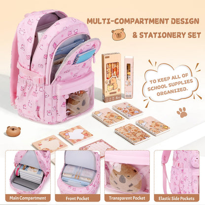 Similove Capybara Theme Backpack for School Girls, 35PCS Kids Backpack Set with School Supplies Stationery Kit Lunch Box Pencil Case, Cute Girls Bookbag for Kindergarten Elementary Student