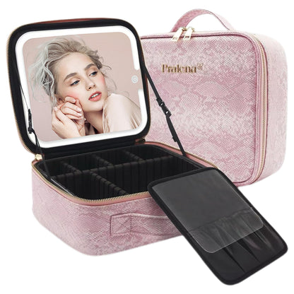 PRALENA Travel Makeup Bag with LED Mirror – 3 Brightness Modes, Portable Lighted Makeup Case with Adjustable Dividers, Cosmetic Organizer Gift for Women (Pink)