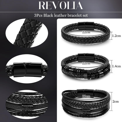 REVOLIA 3Pcs Black Leather Bracelets for Men Women Braided Leather Wristband Cuff Bracelets Multi-Layer Braided Leather Bracelets Set Black 7.5 Inch