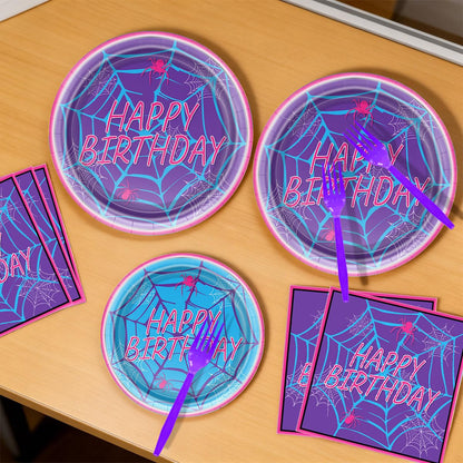 OULUN Spiderweb Party Plates and Napkins Spider Birthday Decorations Ghost Disposable Porks Purple Spiderweb Party Tableware Set Serves 20