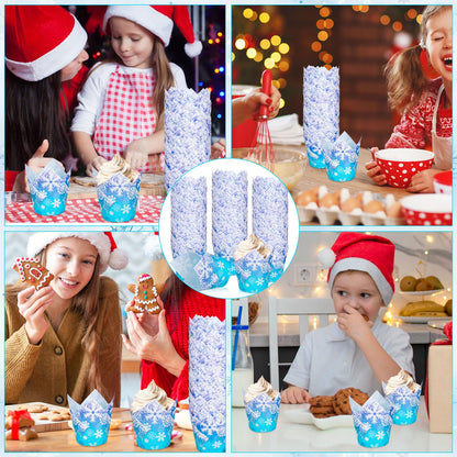 JarThenaAMCS 200Pcs Winter Snowflake Tulip Cupcake Liners Christmas Blue Purple Gradient Muffin Tulip Baking Cups Xmas Bicolor Gradient Snowflake Tulip Cupcake Wrappers for Holiday Party Supplies