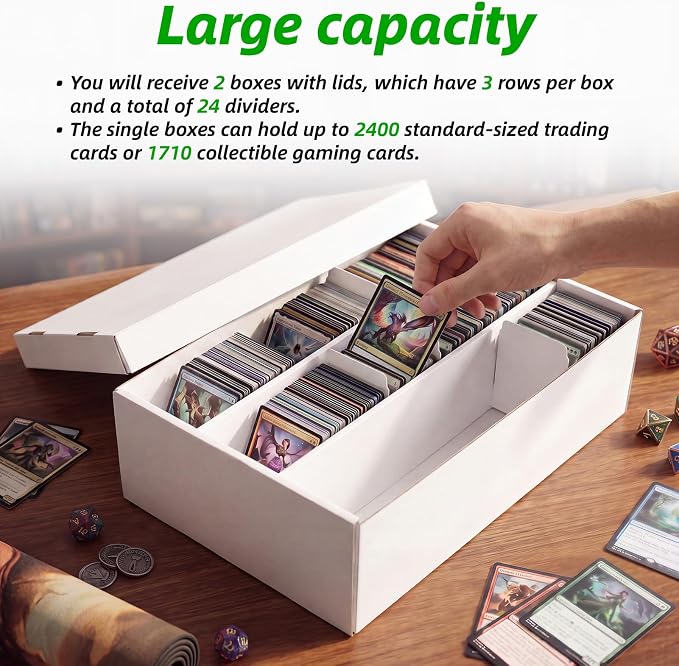 Calenzana 2400-Count Trading Cardboard Card Storage Boxes 2 Pack, 3 Row White Card Box with 24 Dividers, MTG, TCG Card Organizer
