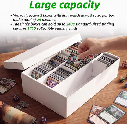 Calenzana 2400-Count Trading Cardboard Card Storage Boxes 2 Pack, 3 Row White Card Box with 24 Dividers, MTG, TCG Card Organizer
