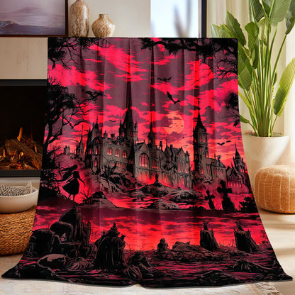Gothic Blanket for Women Men, Super Soft Funny Cool Red Castle Halloween Gothic Bat Throw Blanket Gifts for Kids Adults, Warm Cozy Fuzzy Plush Fleece Flannel Goth Blankets 50"x40" for Couch Bedding