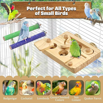 BNOSDM Wooden Bird Foraging Toys with Paw Grinding Sticks, Natural Wood Enrichment Puzzle Toys for Training & Chewing Stand Platform Feeder Cage Accessoriesfor Parrots, Parakeets, Cockatiels, Conures